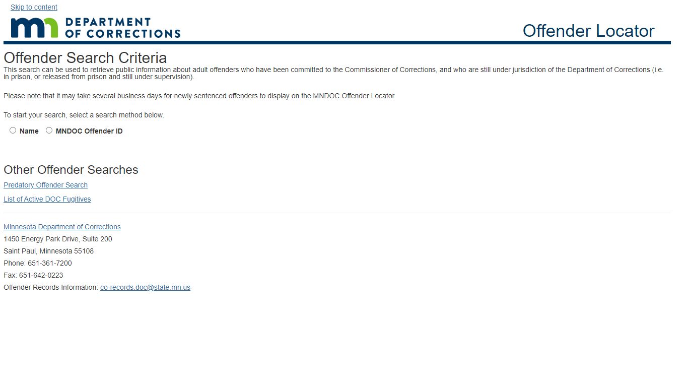 Offender Search Criteria - Department of Corrections